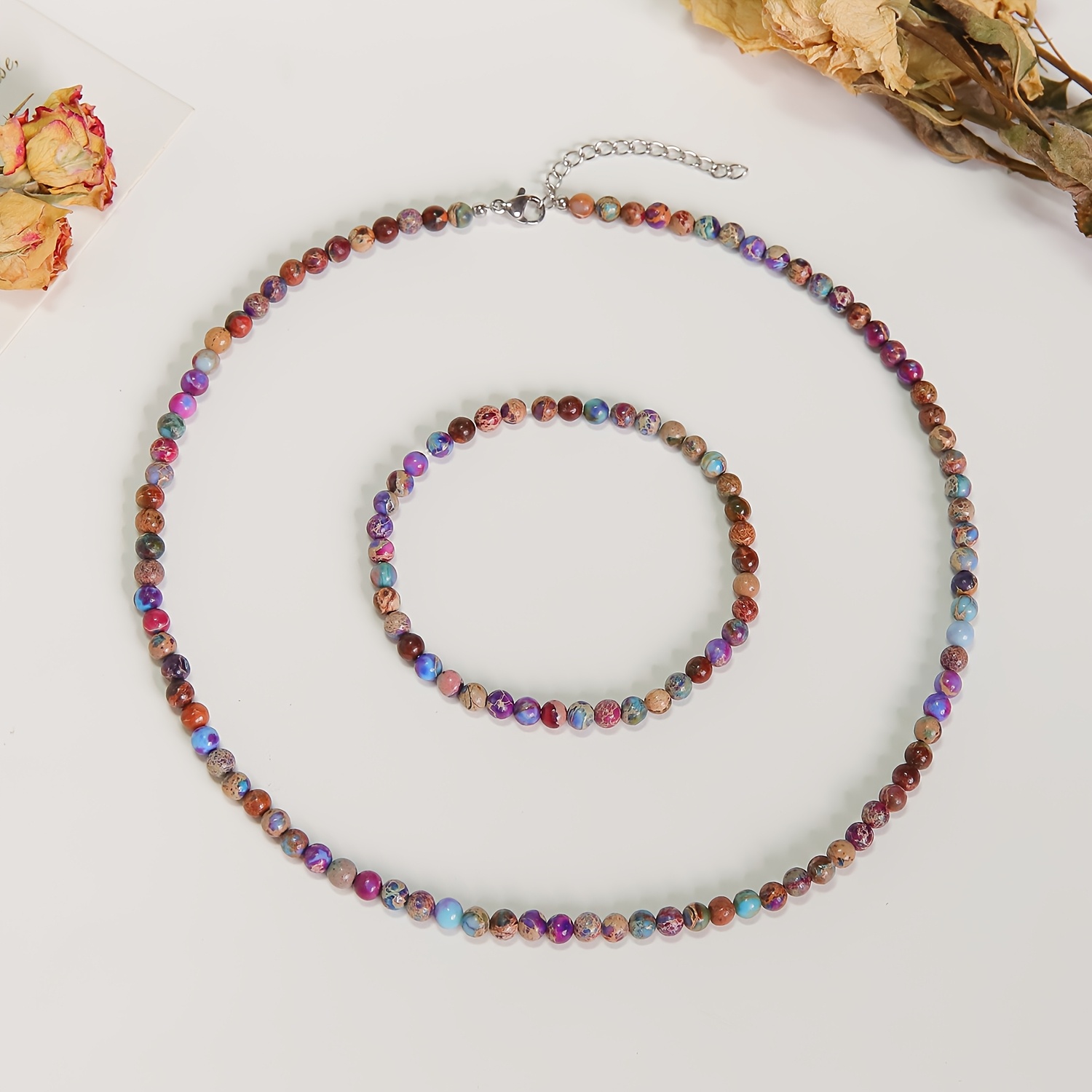 2pcs Bohemian Natural Stone Jewelry Set, Necklace & Bracelet